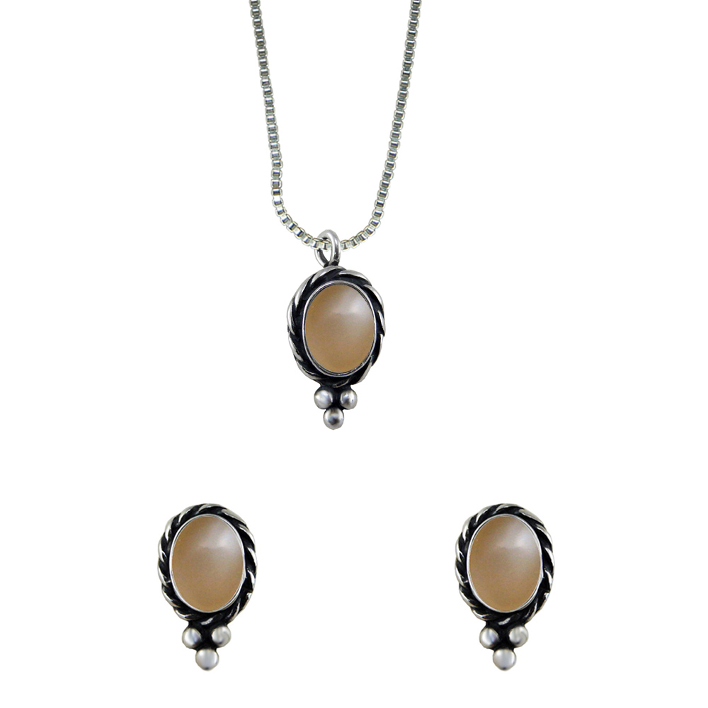 Sterling Silver Petite Necklace Earrings Set Peach Moonstone